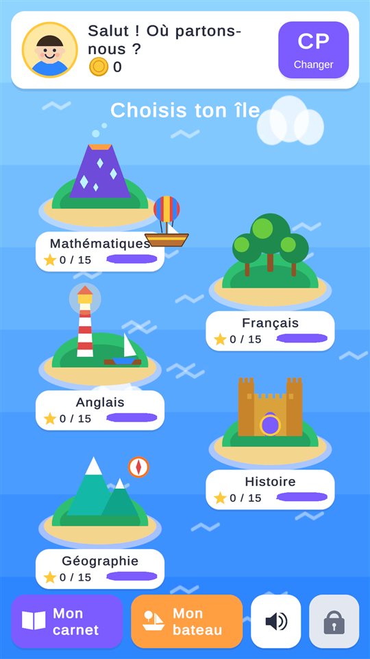 L'archipel dans le jeu : cinq îles, une par matière, avec les étoiles gagnées